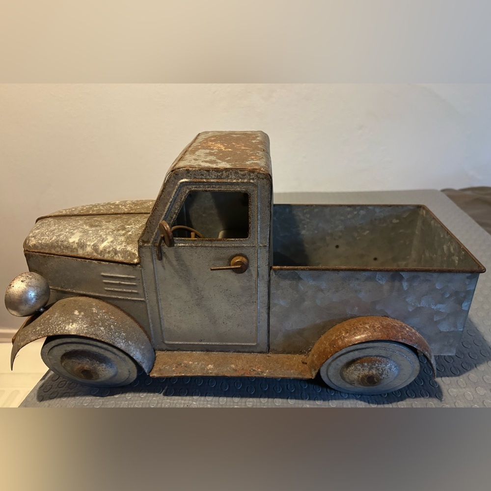 SOLD Vintage Metal Truck Sculpture Decor - Rustic Galvanized Truck Planter